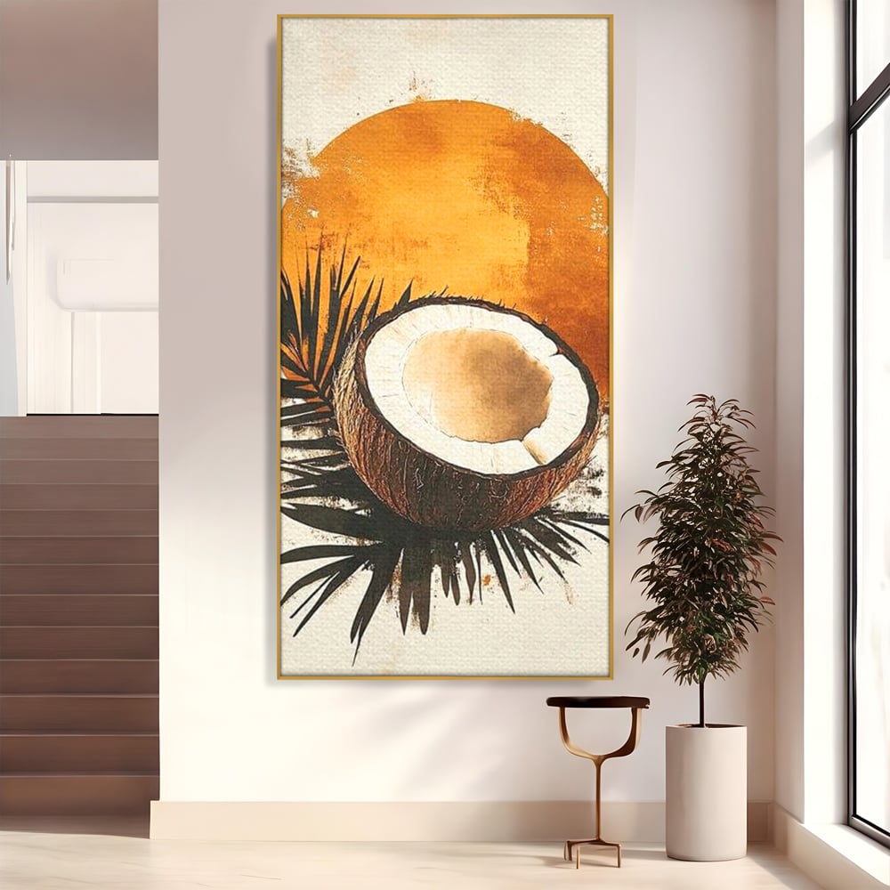 Tablou canvas cu tablou canvas cu nuca de cocos si soare portocaliu, in rama de aluminiu auriu